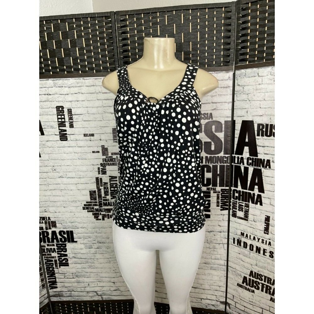 Spense L Black-White Dot Print Scoop Neck Metal Detail Sleeveless Top
